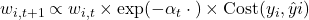  w_{i, t+1} \propto w_{i, t} \times \exp(-\alpha_t \cdot \text{真偽}) \times \text{Cost}(y_i, \hat{y}i) 